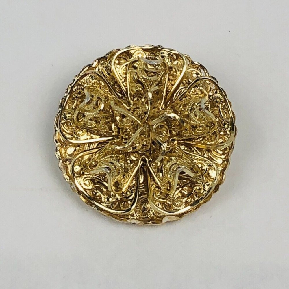 Vintage Gold Colored Filigree Brooch Pin with Hoop Clasp Antique Intertwined